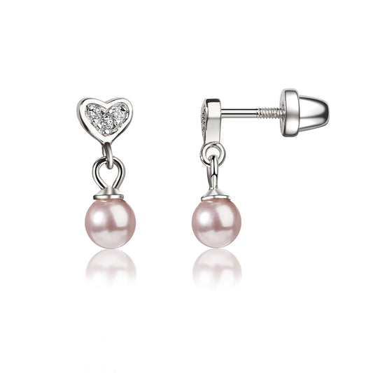 Children's Earrings – Sterling Silver Pavé CZ Heart Pink Pearl Dangle Screw Back Studs on a white background