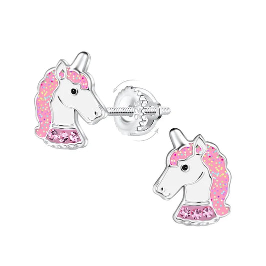 Children's earrings: Sterling silver pink glitter unicorn screw back studs with pink crystal accents.