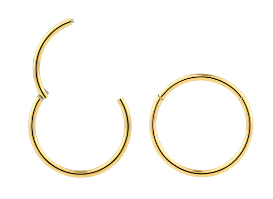 Children's earrings – Yellow Gold Anodised G23 Titanium Polished Halo Sleepers Hinged Hoop Earrings.