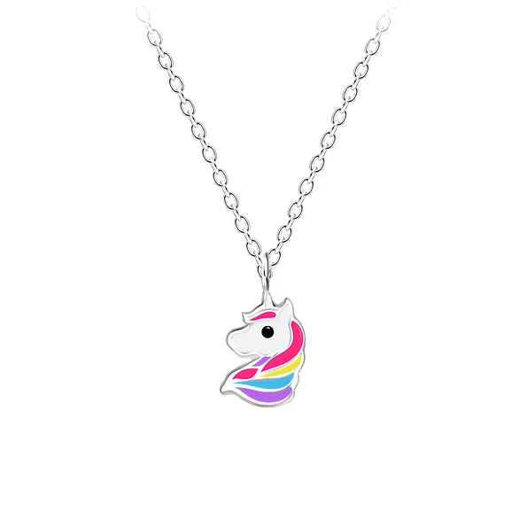 Children's necklaces featuring a sterling silver enamel unicorn pendant on a delicate chain.