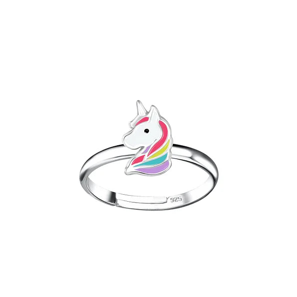 Children's rings featuring a sterling silver adjustable unicorn design with colorful enamel detailing.