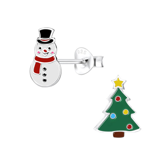 Christmas earrings featuring sterling silver snowman and Christmas tree studs with colorful enamel accents.