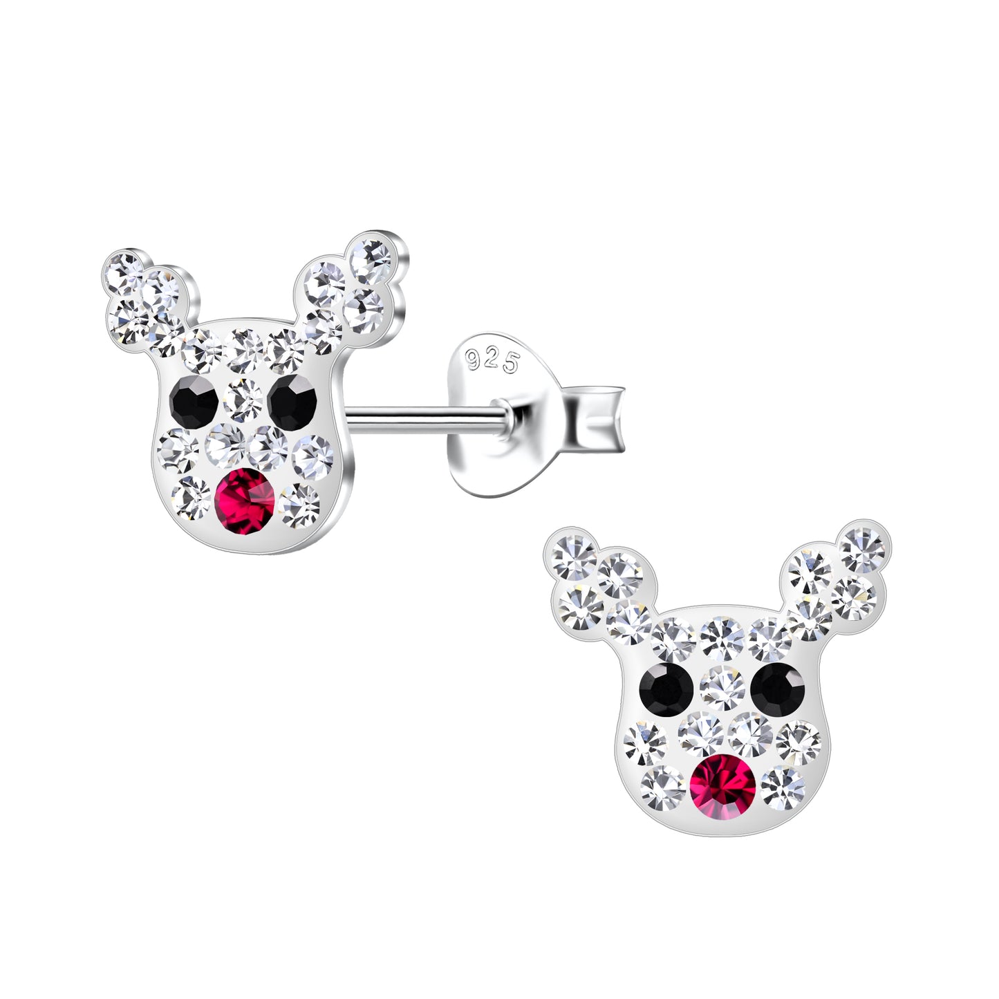 Christmas earrings featuring sterling silver reindeer stud designs with colorful enamel and cubic zirconia accents.