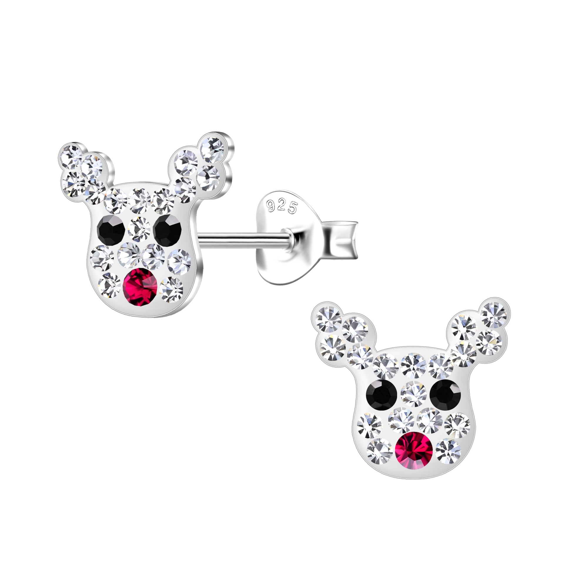 Christmas earrings featuring sterling silver reindeer stud designs with colorful enamel and cubic zirconia accents.