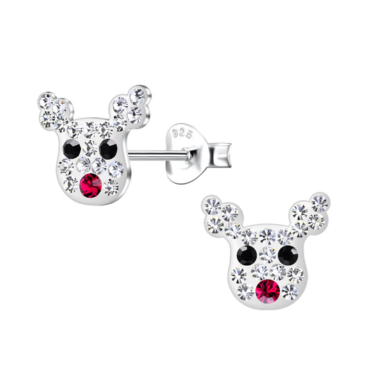 Christmas earrings featuring sterling silver reindeer stud designs with colorful enamel and cubic zirconia accents.