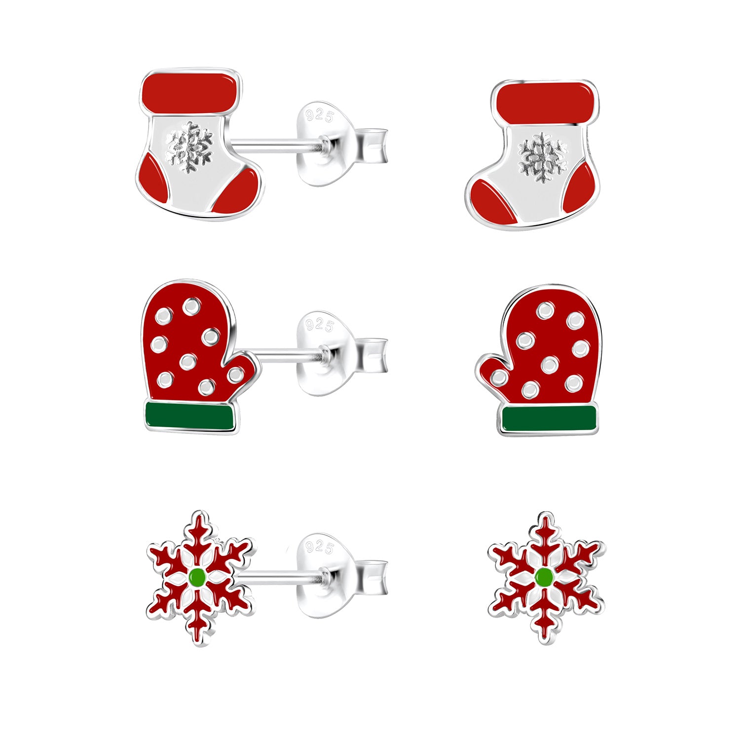 Christmas earrings featuring holiday-themed stud designs: stockings, mittens, and snowflakes in sterling silver.