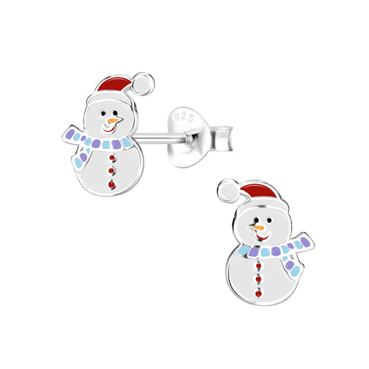 Christmas earrings featuring sterling silver snowman stud designs with colorful enamel details.