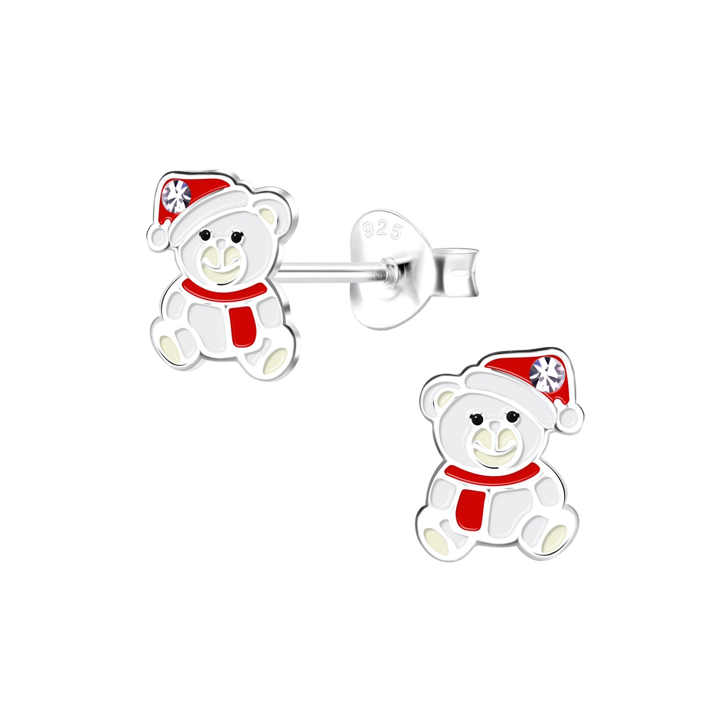 Christmas earrings featuring adorable sterling silver white Christmas bear studs with enamel and crystal accents.