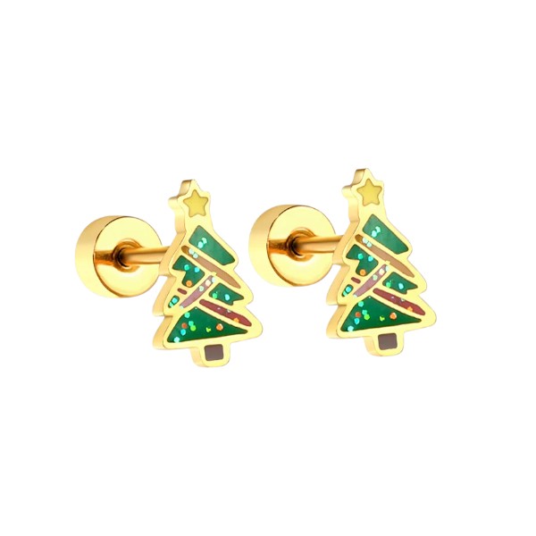 Christmas earrings featuring golden surgical steel Christmas tree design with green enamel and glitter.