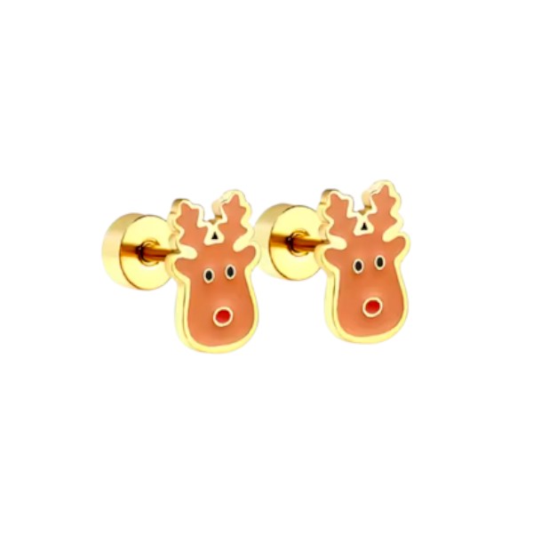 Christmas earrings featuring adorable enamel reindeer design with surgical steel screw backs for holiday cheer.