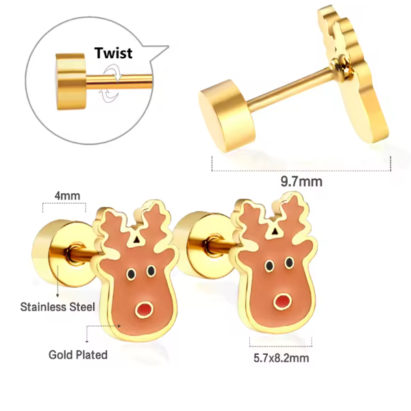 Christmas earrings featuring gold plated reindeer design with secure screw backs, crafted from hypoallergenic surgical steel.