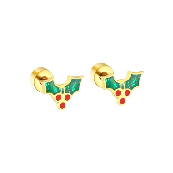 Christmas earrings featuring delightful holly design with green enamel and festive red berries, crafted from surgical steel.