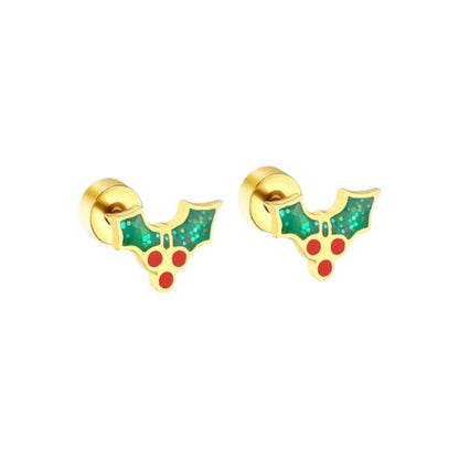 Christmas earrings featuring delightful holly design with green enamel and festive red berries, crafted from surgical steel.