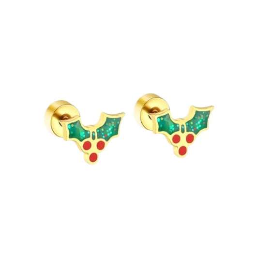 Christmas earrings featuring delightful holly design with green enamel and festive red berries, crafted from surgical steel.