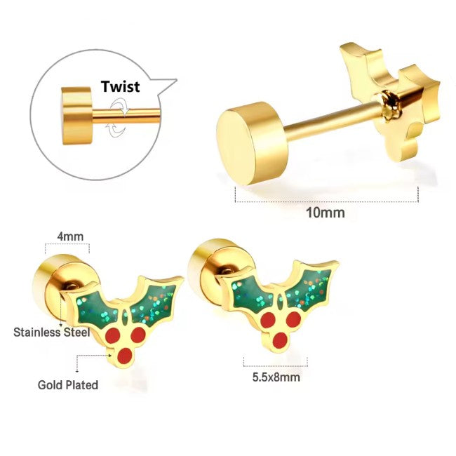 Christmas earrings featuring surgical steel festive holly design with gold plating and secure screw back closures.
