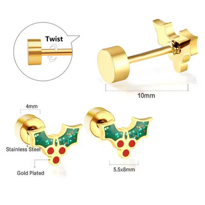 Christmas earrings featuring surgical steel festive holly design with gold plating and secure screw back closures.
