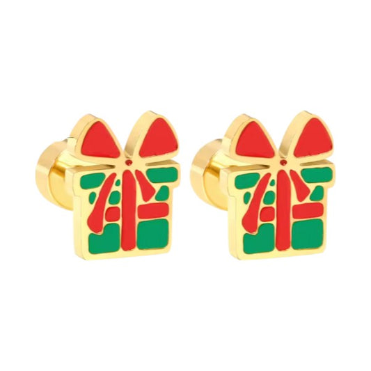 Festive christmas earrings featuring gift present design in gold with red and green accents; perfect for holiday cheer.