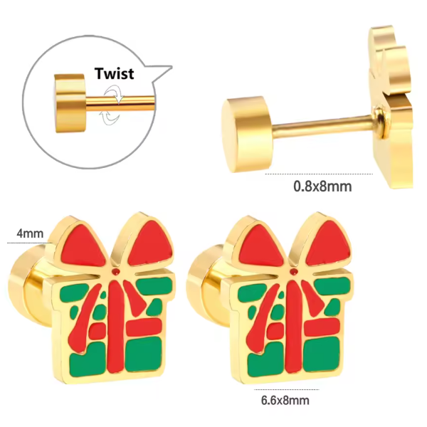 Christmas earrings in gold with gift present design and secure screw back closure.