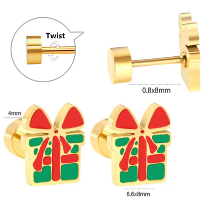 Christmas earrings in gold with gift present design and secure screw back closure.
