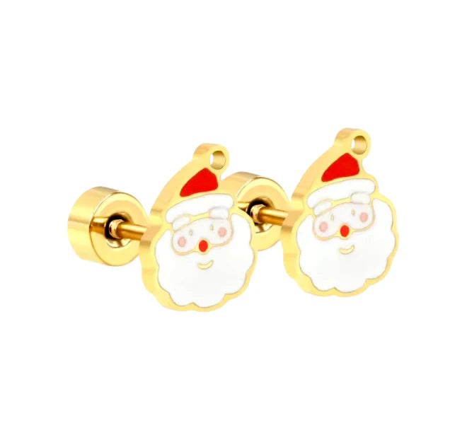 Christmas earrings featuring adorable enamel Santa Claus design with gold plating and secure screw back closures.