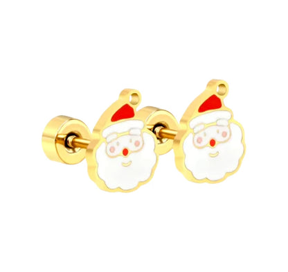 Christmas earrings featuring adorable enamel Santa Claus design with gold plating and secure screw back closures.