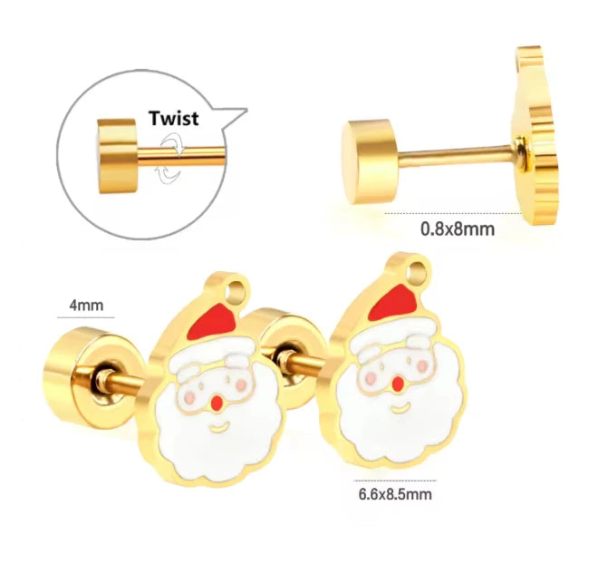 Christmas earrings featuring adorable gold plated Santa design with screw back closures for secure wear.
