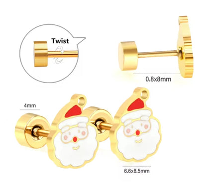 Christmas earrings featuring adorable gold plated Santa design with screw back closures for secure wear.