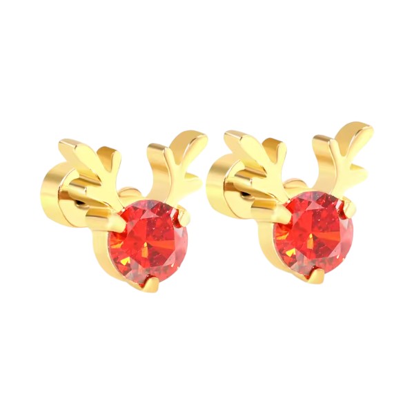 Christmas earrings featuring red cubic zirconia reindeer design in gold plated surgical steel.