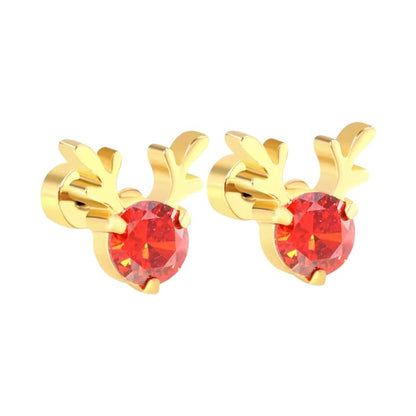 Christmas earrings featuring red cubic zirconia reindeer design in gold plated surgical steel.