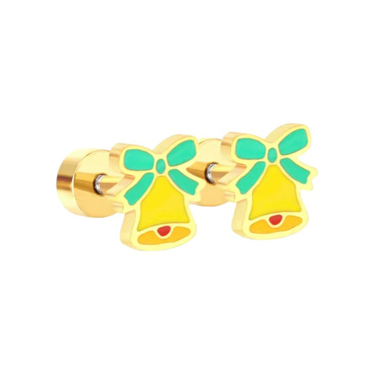 Christmas earrings featuring enamel sleigh bells design and surgical steel screw backs for festive holiday wear.