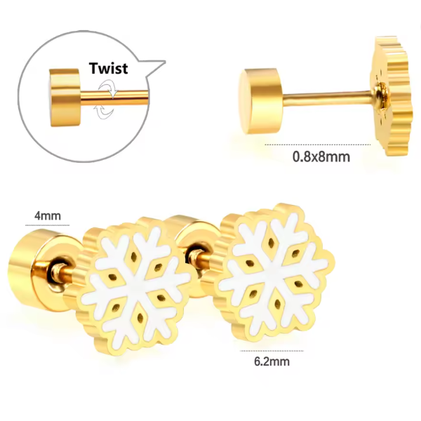 Christmas earrings with enamel snowflake design, 18k gold plating, and twist screw back closure.