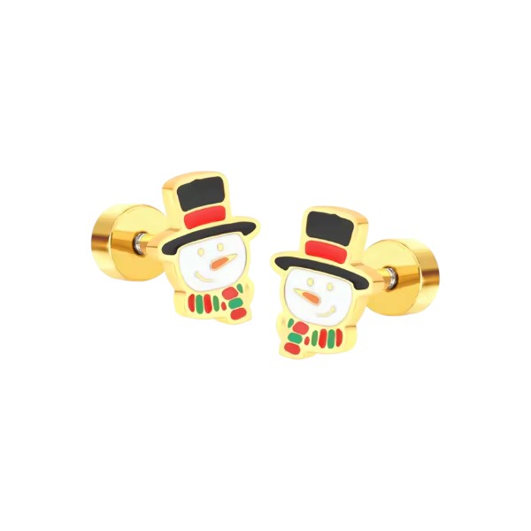 Christmas earrings featuring adorable enamel snowman design with 18k gold plating and secure screw backs.