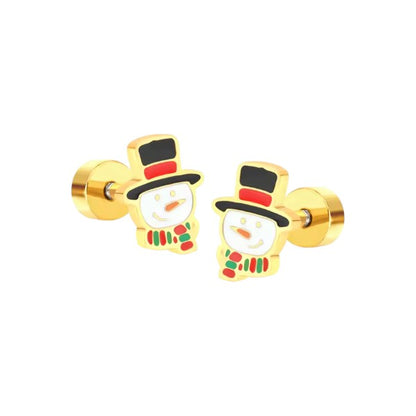 Christmas earrings featuring adorable enamel snowman design with 18k gold plating and secure screw backs.
