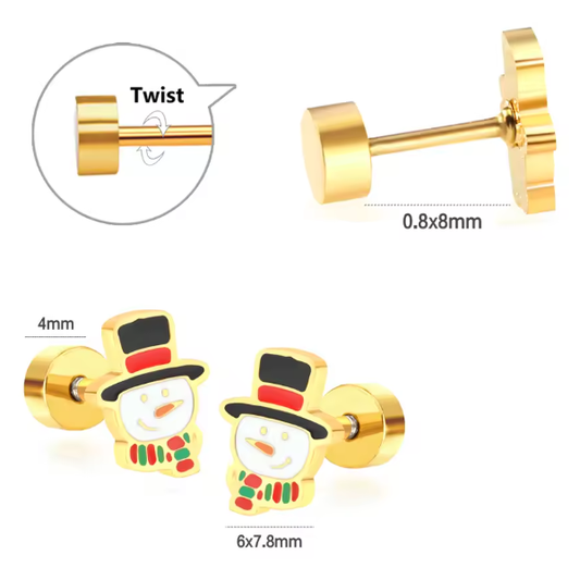 Christmas earrings featuring gold-plated snowman screw backs, perfect for festive celebrations.