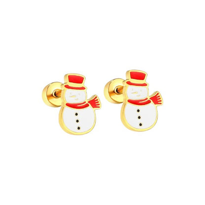 Christmas earrings featuring cute enamel snowman design with 18k gold plating and secure screw backs.