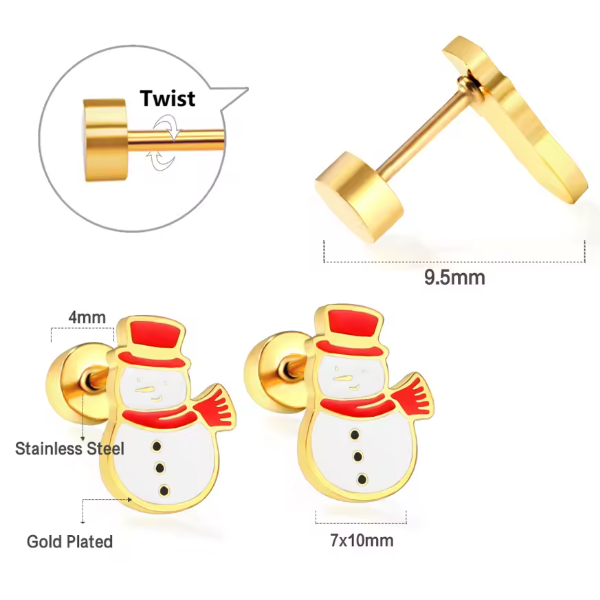 Christmas earrings featuring gold plated snowman design with screw back closures and surgical steel construction.