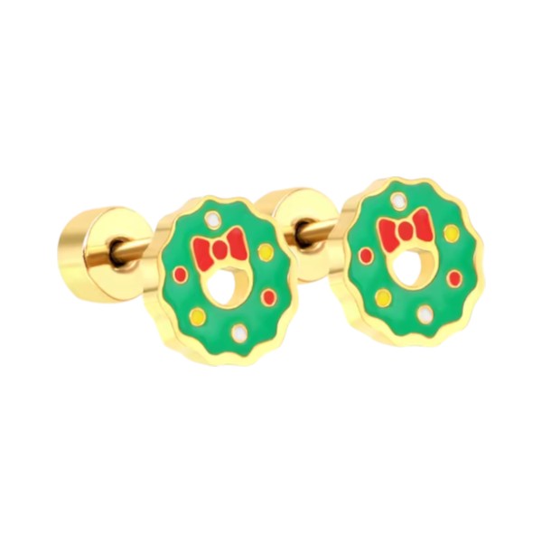 Christmas earrings featuring surgical steel wreath design with 18k gold plating and enamel details.
