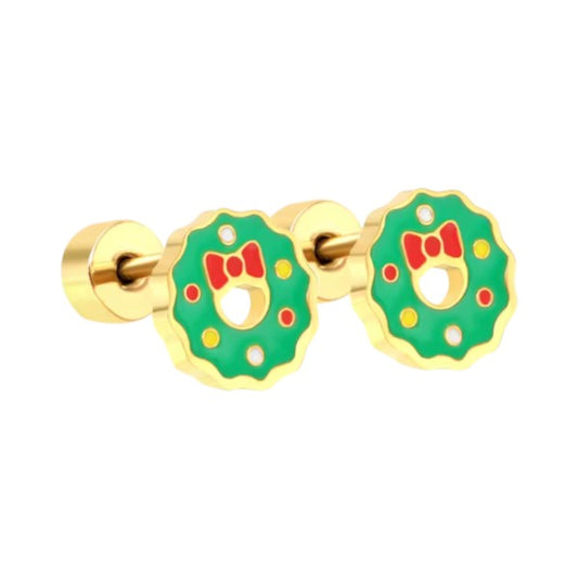 Christmas earrings featuring surgical steel wreath design with 18k gold plating and enamel details.