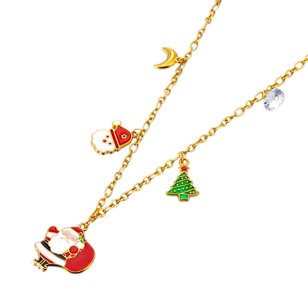 Christmas necklace featuring 316L surgical steel with 18k gold plated Santa Claus charm and colorful enamel details.