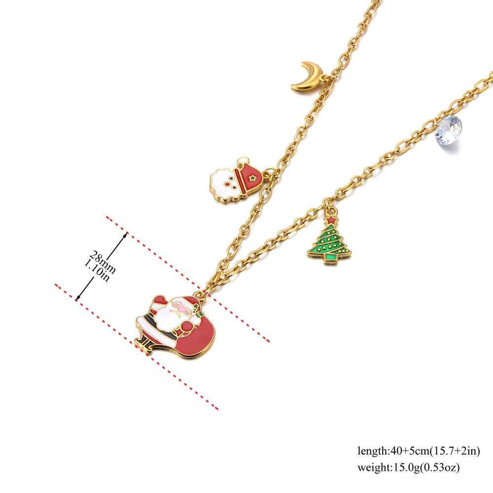 Christmas necklace featuring a 28mm Santa Claus charm and colorful enamel detailing on 18k gold plated chain.