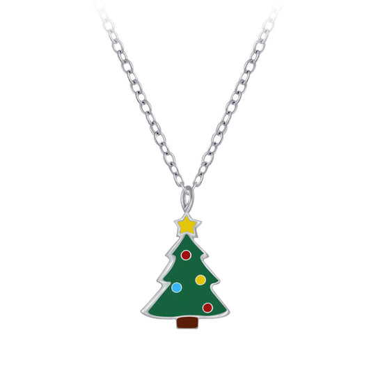 Christmas necklace featuring a sterling silver Christmas tree pendant with colorful enamel details.