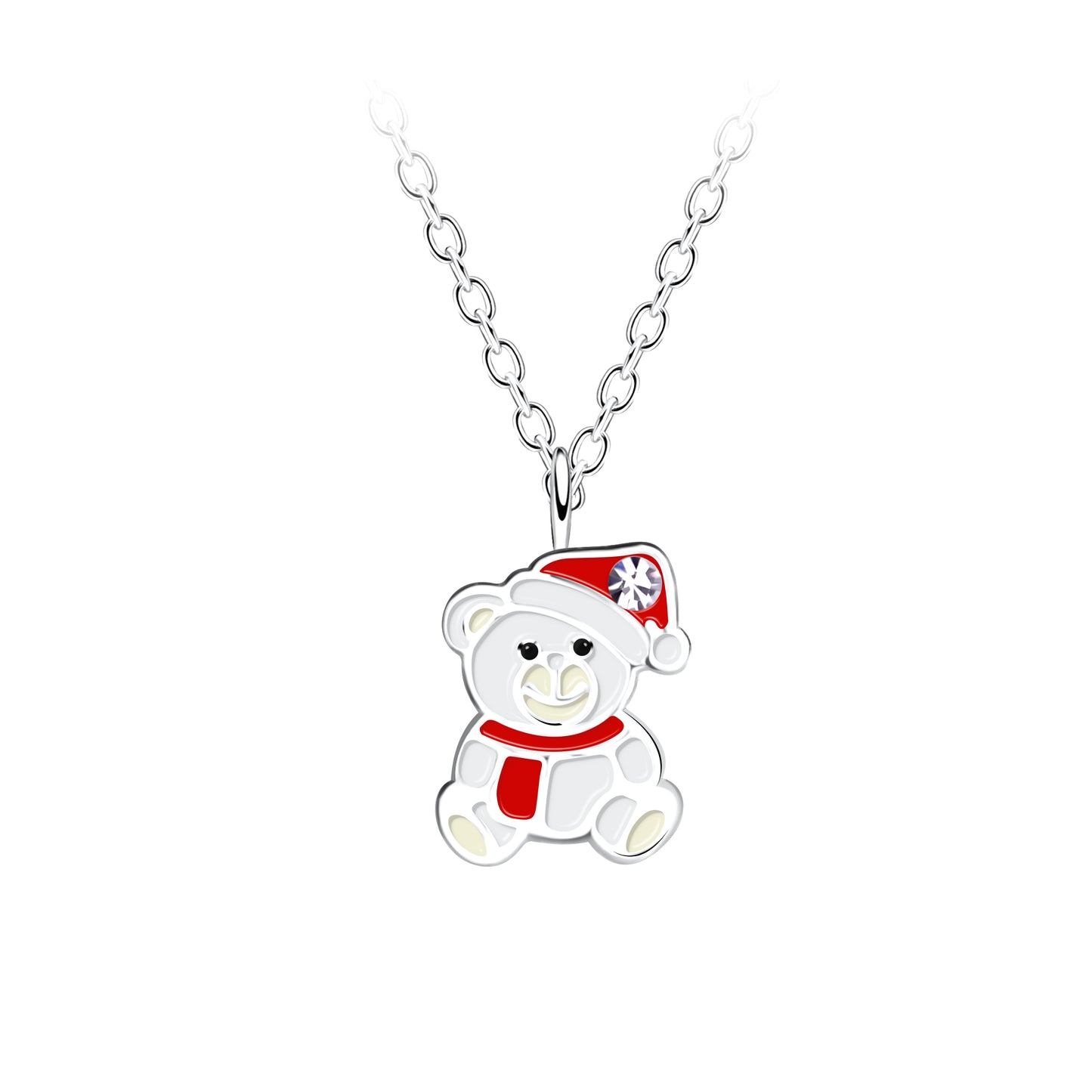 Christmas necklace featuring a sterling silver white Christmas bear pendant with red scarf and hat.