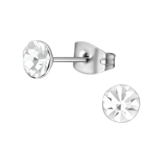 Clear CZ stud earrings featuring 6mm clear cubic zirconia in hypoallergenic surgical steel setting.