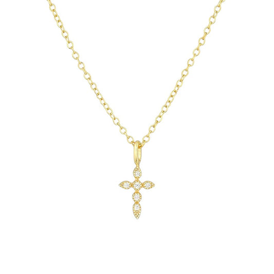 Cross necklace featuring an 11mm x 7mm cubic zirconia adorned cross pendant in 18k gold plated sterling silver.