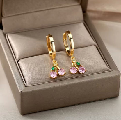 Children's, Teens' and Mothers' Earrings:  Steel with Gold IP Hoops with Pink CZ Cherries