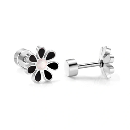 Children's earrings featuring 316L surgical steel black and white daisy screw back studs for kids and teens.