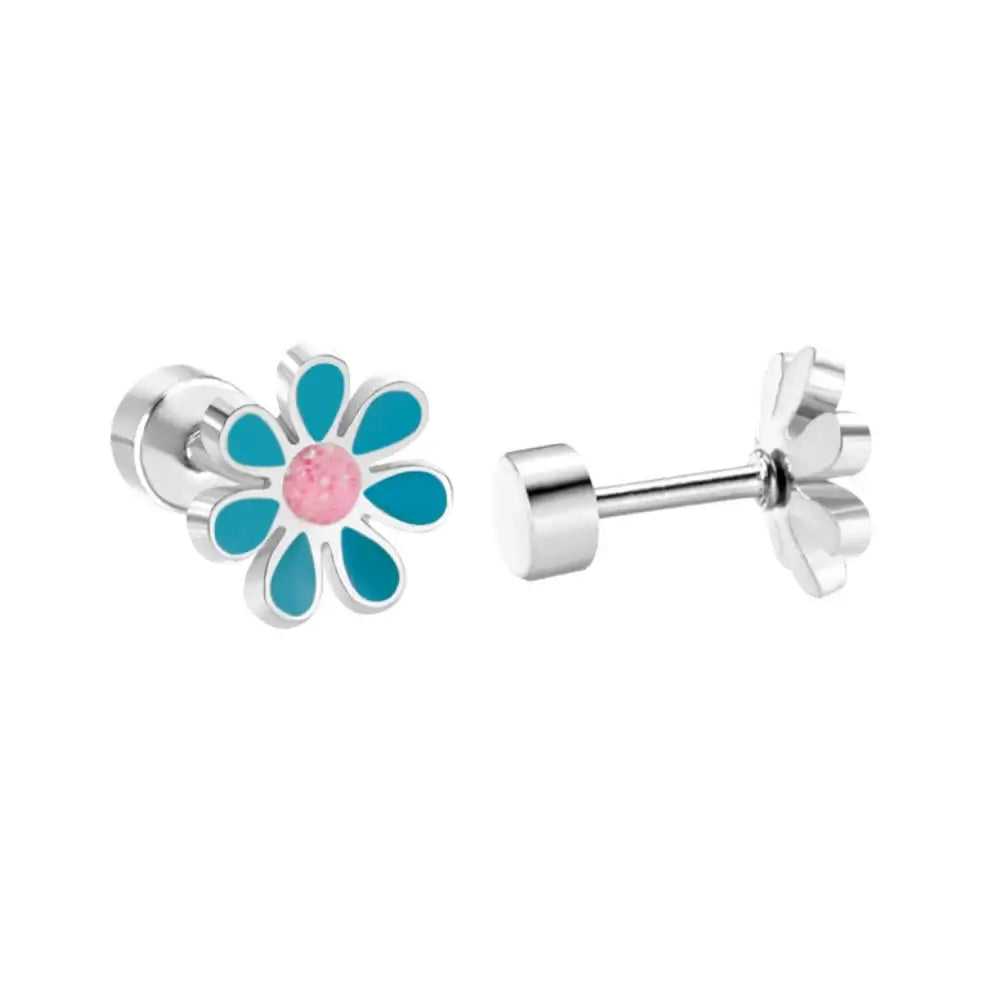 Children's earrings featuring 316L surgical steel blue/pink daisy screw back studs for kids and teens.