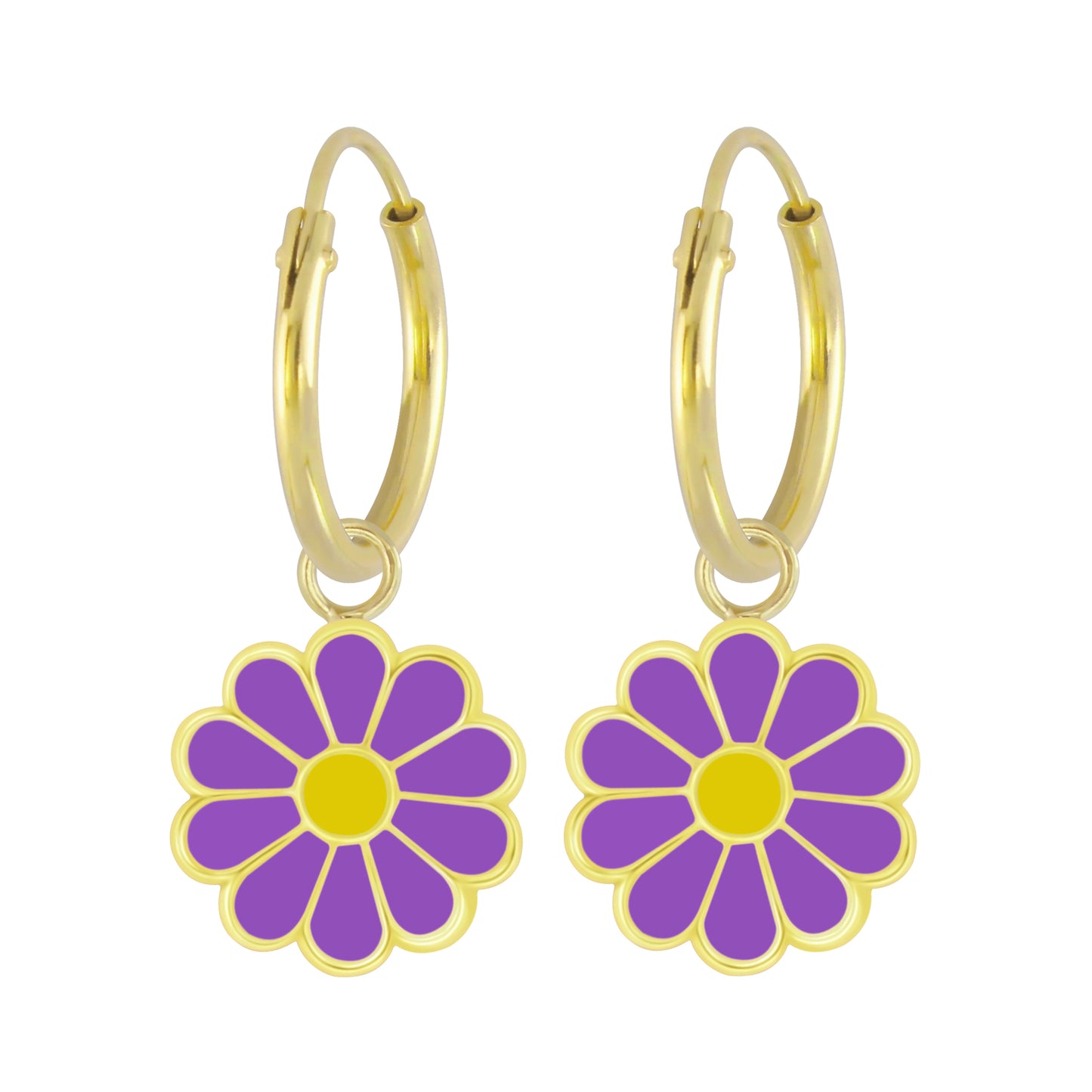 Daisy hoop earrings featuring purple enamel flower charms on gold plated 925 sterling silver hoops.