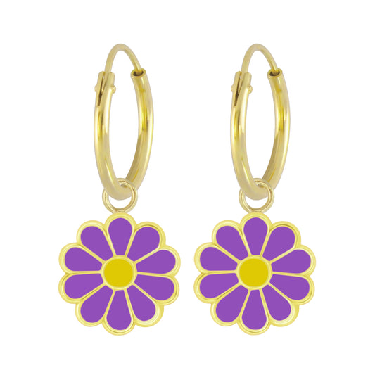 Daisy hoop earrings featuring purple enamel flower charms on gold plated 925 sterling silver hoops.