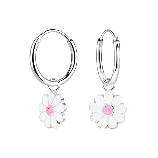 Daisy hoop earrings made from 925 sterling silver with white and pink glitter enamel charms for cheerful floral charm.